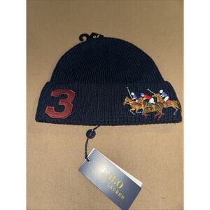 Polo Ralph Lauren Men’s Triple Pony #3 Wool Blend Navy Cuff Rib Knit Beanie OS